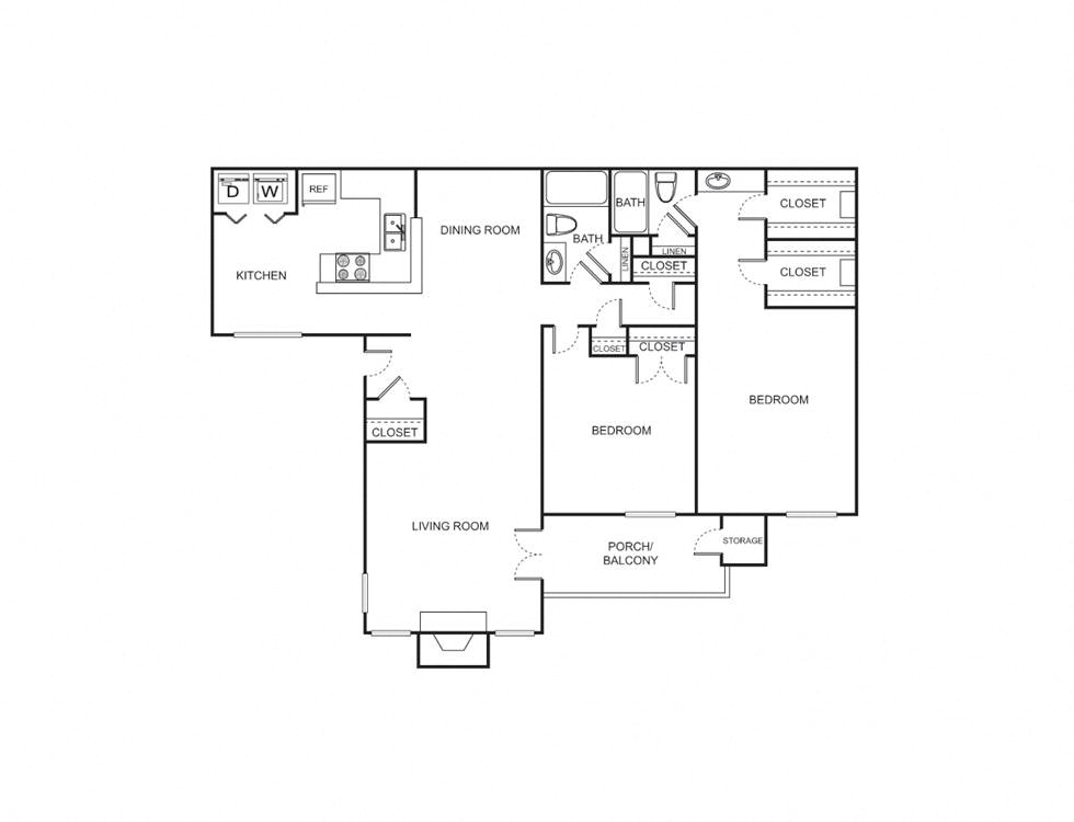 Floor plan for 2 beds, 2 baths, 1254 sqft